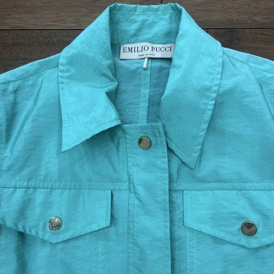 Chaqueta de seda Emilio Pucci, abrigo de seda, talla L 42 verde manga larga usada Japón Foto 3 de 4