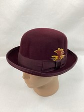 Bailey Burgundy Wool Derby Bowler Hat Medium USA Made 2 Curled Brim Feather