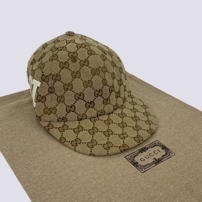 Gucci GG Monogram Patch Logo Cotton Canvas Baseball Cap Hat Beige Size M