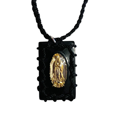 Our Lady of Guadalupe Reversible Scapular Necklace Wood Rope Gold Plated Black