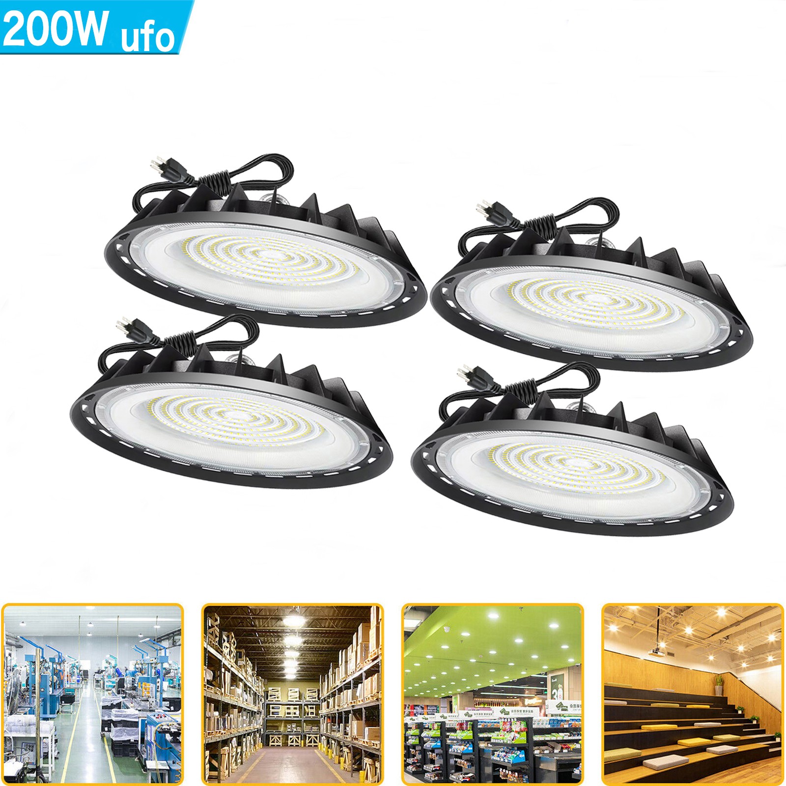 4 Pack 200W UFO Led High Bay Light Industrial Commercial Warehouse Factory Shop