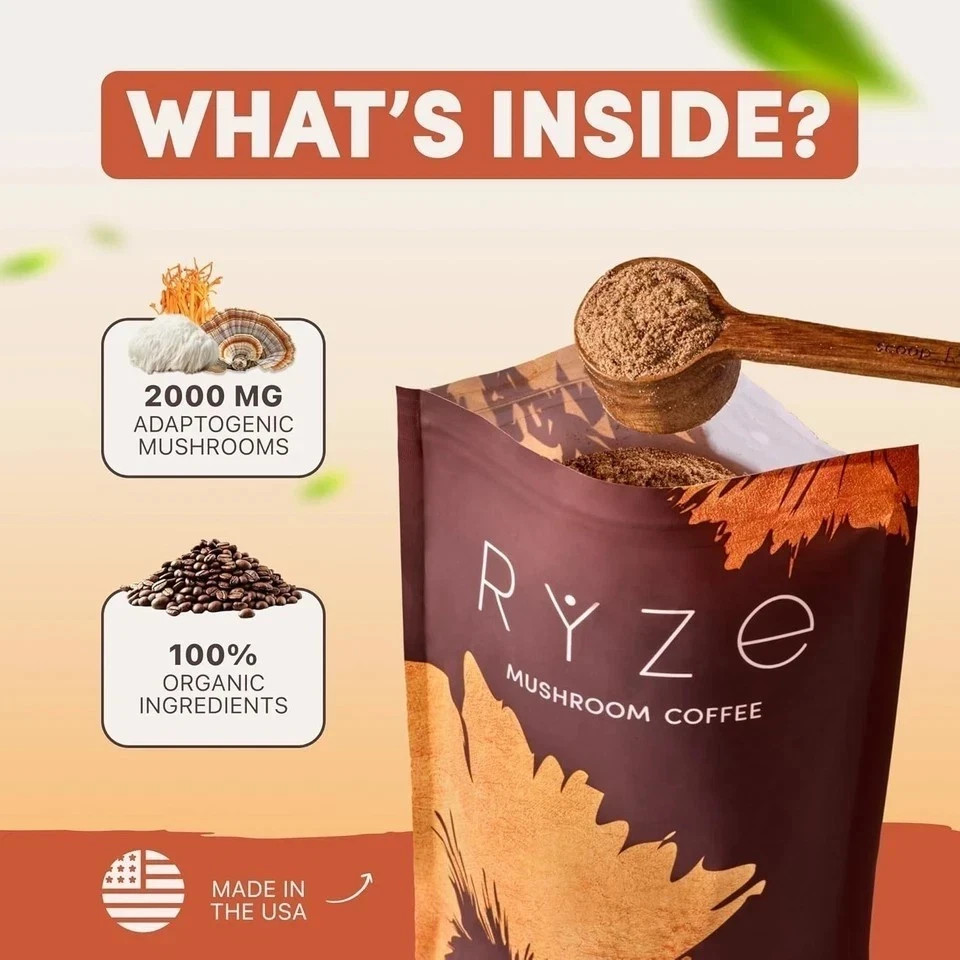 2026 RYZE USDA Organic Mushroom Coffee Blend with 6 Adaptogens NEW