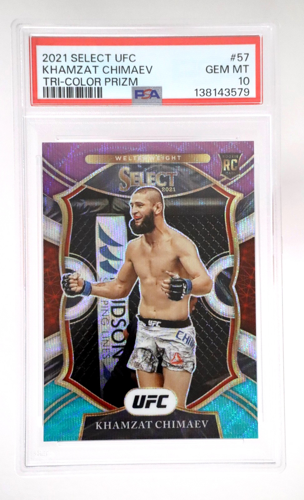 2021 Select UFC Khamzat Chimaev Tri-Color Prizm RC PSA 10 Gem Mint #57 A2