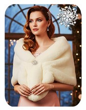 Women Wedding Faux Fur Shawls Wraps Bridal Scarf Stoles Brooch Bride Bridesmaid