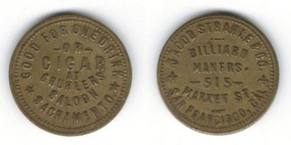 GF One Drink Gruhlers Saloon SACRAMENTO CAL Strahle Billiard V. RARE Token !