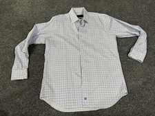 David Donahue Shirt Mens 17 34/35 White Blue Check Trim Fit Dress Button Down