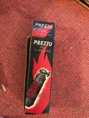 Estintore vintage Presto miniatura ottone con clip di montaggio nuovo con scatola