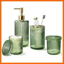Green Glass Bathroom Accessories 4 Pcs, Green Bathroom Set, Soap Dispenser an...