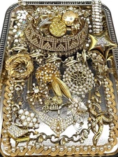 VINTAGE Gold Tone Broken Clear Rhinestone Costume Jewelry Lot Repair Brooch