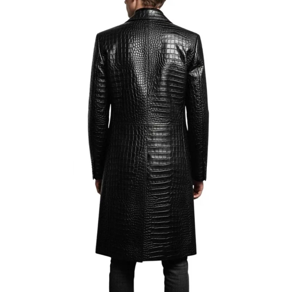Men’s Black Crocodile Print Embossed Real Leather Long Coat Leather Jacket 100% - Image 2 of 2