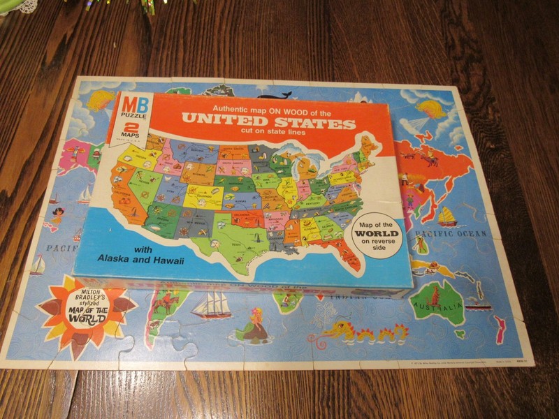 MB Vntg Puzzle Authentic Map of the United States & World Map #4806 Complete