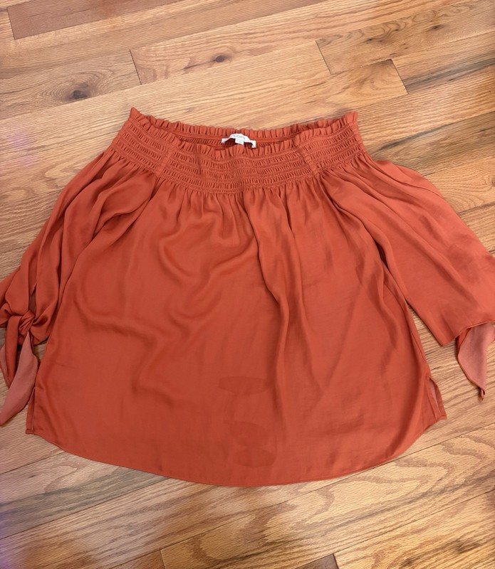 LOFT Women's Orange Off-Shoulder Smocked Peasant Blouse Tie Cuffs Size M