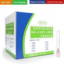 100 Pack 34 Ga 4mm Disposable Needles with Caps for Scientific and Industrial...