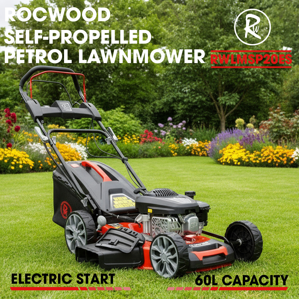 Petrol Lawnmower Electric Start Self Propelled RocwooD 173cc 20"" Mulching 60L