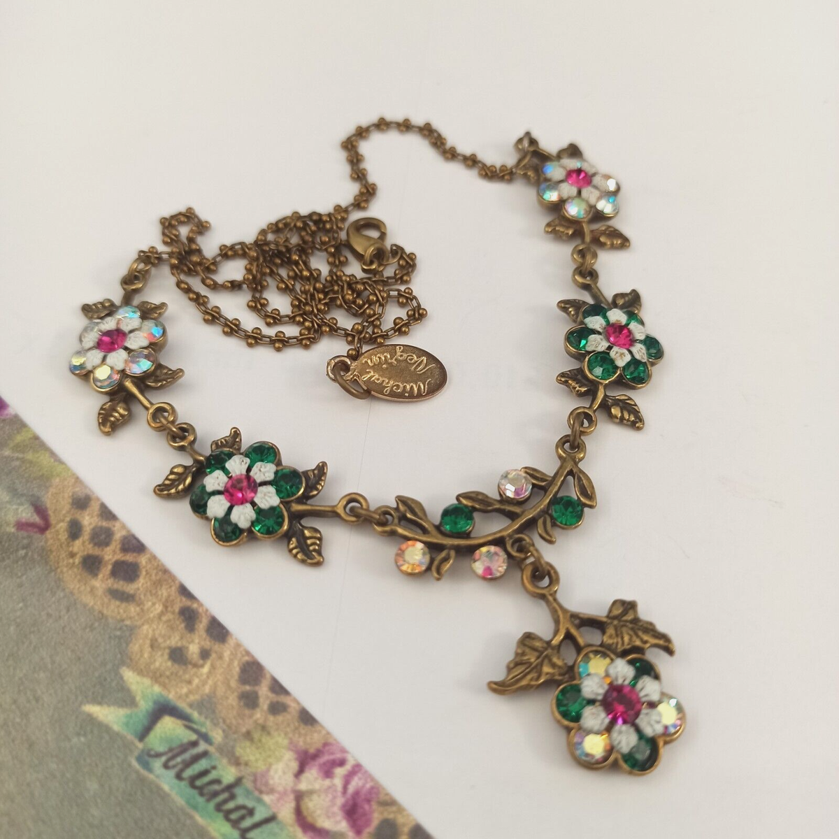 Michal Negrin Necklace Y-Drop Aurora Borealis Royal Green Crystals