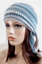 crochet womans handmade biker skull hat beanie cancer chemo gray blue quartz