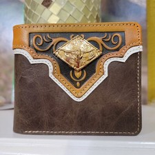 Longhorn Texas Mens wallet Western GENUINE LEATHER Short Bifold handtooled coffe