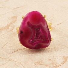 Double Layer Gemstone Ring Pink Geode Druzy Gold Plated Prong Adjustable Ring