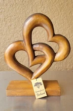Vtg Wooden Sculpture Interlocking Hearts Handcrafted In Thailand Rotate 360° 