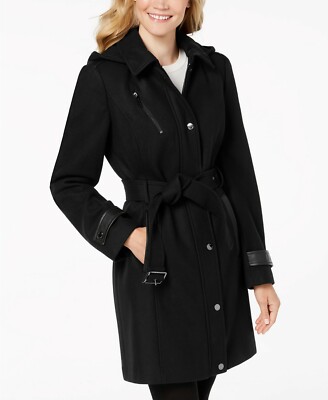 NWT MICHAEL KORS $275 BLACK FAUX LEATHER TRIM BELTED WOOL BLEND