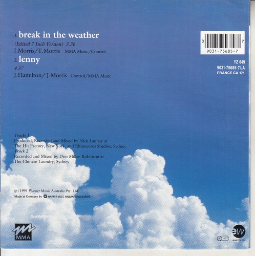 JENNY MORRIS Break in the weather 1991 PICTURE SLEEVE 7" 45 rpm record RARE! - Picture 2 of 4