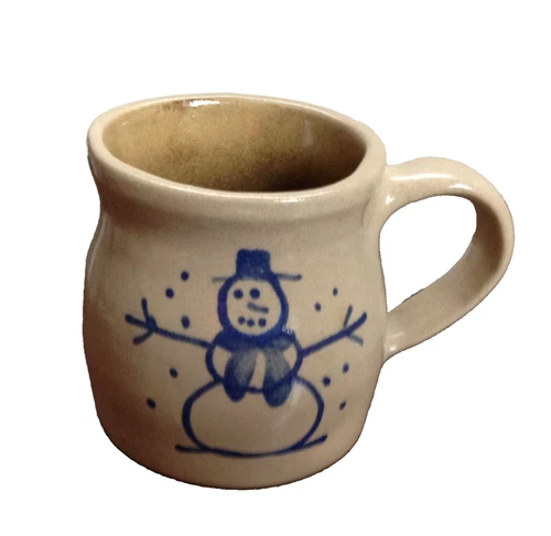 Vintage BEAUMONT BROTHERS POTTERY SIGNED BBP Salt Glazed BLUE SNOWMAN MUG 8 oz