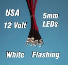 10 FLASHING LEDS 5mm PRE WIRED 12 VOLT WHITE 12V BLINK