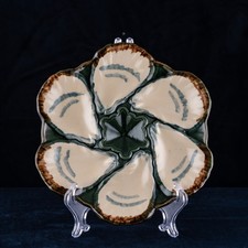 Antique French Oyster Plate LONGCHAMP Green Majolica FREE SHIPPING 1880