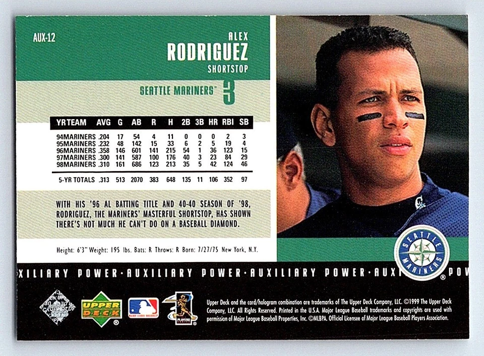 1999 Upper Deck PowerDeck Auxiliary Alex Rodriguez Seattle Mariners #AUX-12 - Image 2 of 2