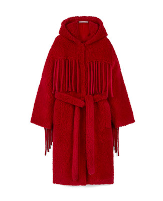 Stella McCartney Coat Fringe Teddy Red Coat Belted Hooded Oversized $2200 NWT