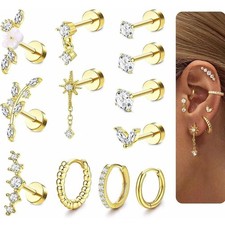 12Pcs Helix Piercing Jewellery Surgical Steel Tragus Earrings Set Flat Back