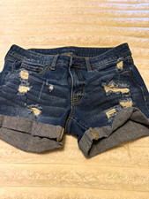 A ropostale Women  s Dark Wash Blue Distressed Cuffed Denim Cut Off Shorts 6