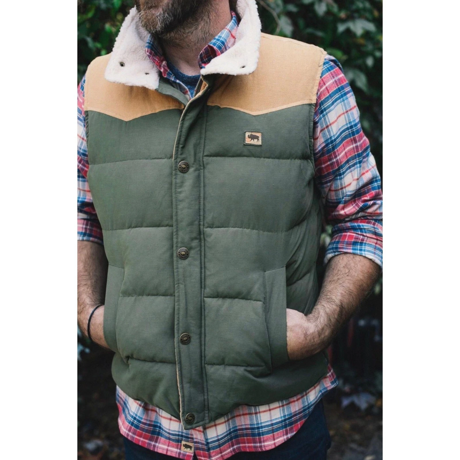 Buffalo Jackson Trading Co Mens XL Puffer Vest Olive Green Corduroy Sherpa Yoke