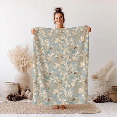 Floral Bird Velveteen Plush Blanket Nature Inspired Decor