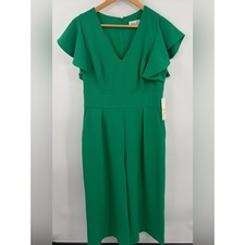 Eliza J ruffle sleeve crepe green wide leg v-neck jumpsuit women’s 10 NWT