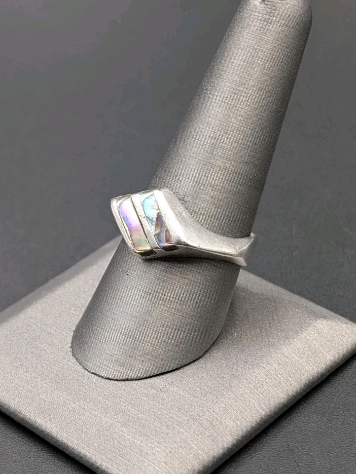 Anillo de colección de plata esterlina México 2 rayas con incrustaciones de abulón forma de diamante 925 para hombre Foto 3 de 4