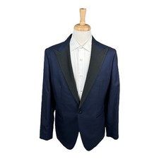 Oliver Wicks Blue Black Satin Trim Men s Peak Lapel Tuxedo Size 44R 36x32 NWT