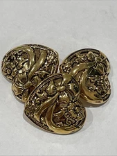 Vintage Set Of 3 Gold Plastic Buttons 1” Heart Realistic Bow Flower Puffy