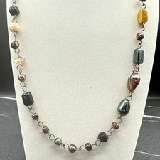 Vintage Silver Tone Mixed Stone Link Necklace Irregular Wire Wrap Bead Boho Y2K