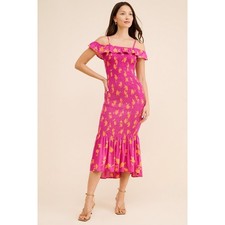 Anthropologie Pink Orange Floral Smocked Cold Shoulder Midi Dress Womens Small