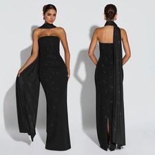 LATEST DESIGN Black Shiny Strapless Slit Maxi Bodycon Evening Dress Size 10