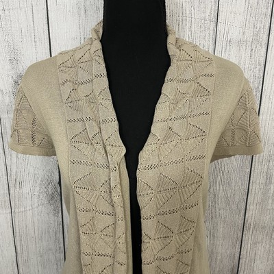 Alberto Makali Women's Large Beige Short Sleeve Crochet Trim Open Front  Cardigan