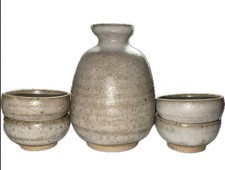 Vintage Japanese Ceramic Sake Set Tokkuri Flask 4 Guinomi Cups Rustic WabiSabi