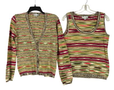 M-MISSONI SWEATER TWIN SET Tank & Cardigan STRIPES BEIGE RED GREEN