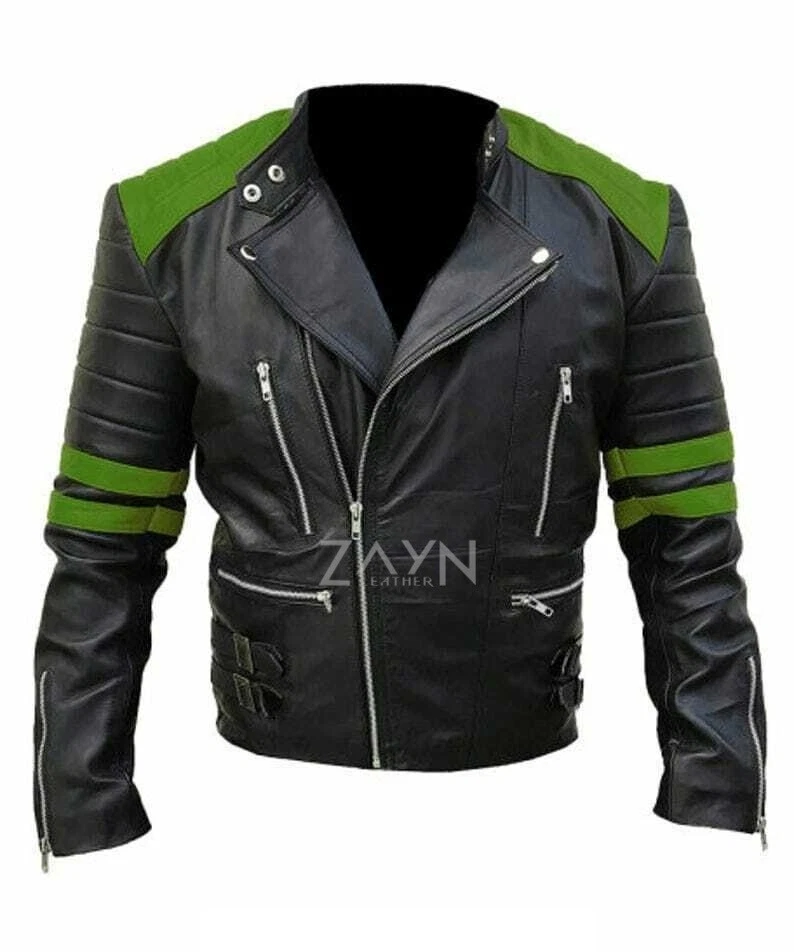 Men's Genuine Leather Black Moto Biker Jacket Dual Tone Stripe Cafe Racer Jacket