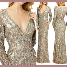 NWT $598 Mac Duggal [ 16 ] Long Sleeve Beaded V-Neck Gown Vintage Taupe #Q621