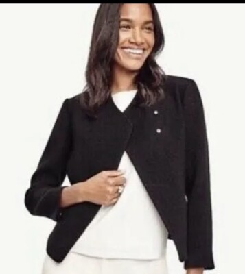 Loft Black Wool Blend Blazer Jacket Asymmetrical Snap Moto size 6