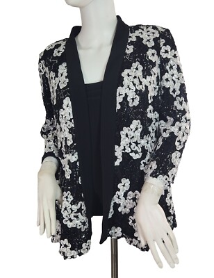 Alex Evenings Size S Women's Top Twinset Embroidered Black White 3/4 Sleeve 22