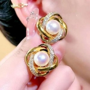 Authentic Elegant 14K Gold Plated Pearl Zircon Flower Ear Stud Earrings Women Jewelry