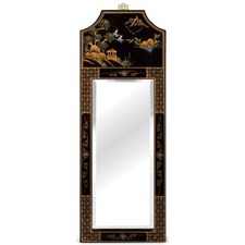 Us Seller - Black Lacquer Chinoiserie Scenery Motif Panel Oriental Mirror